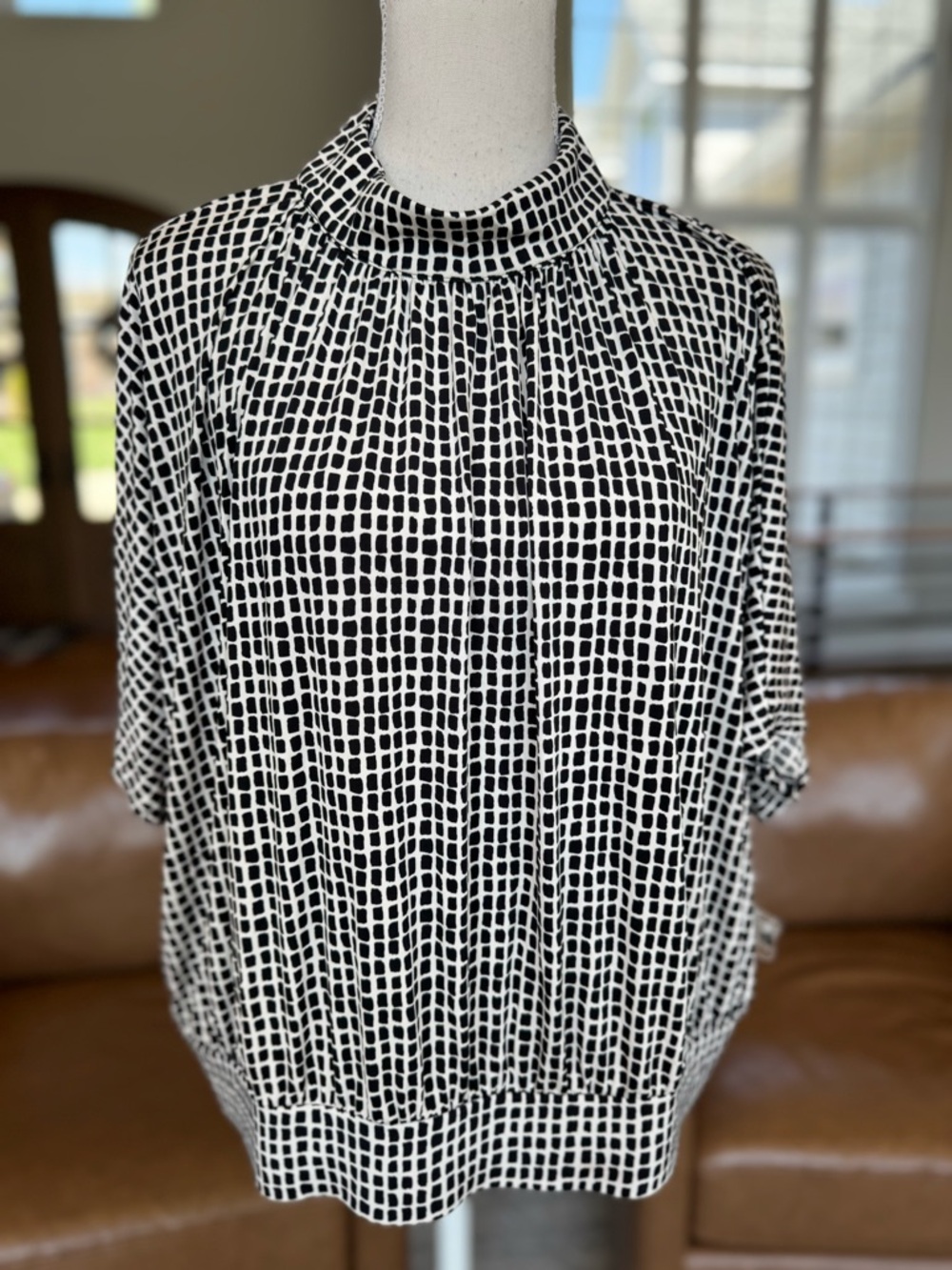 Worthington Black & White Grid Mock Neck Top